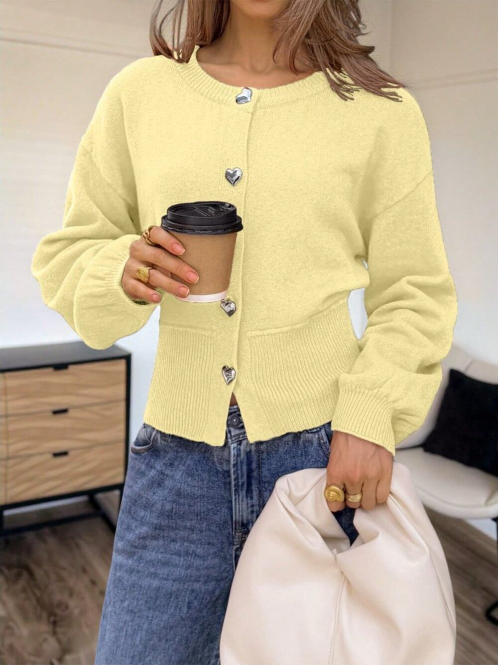 Yellow Casual Women's Y2k Rib Knit Heart Button Long Sleeve Sweater - Picture 4 of 7